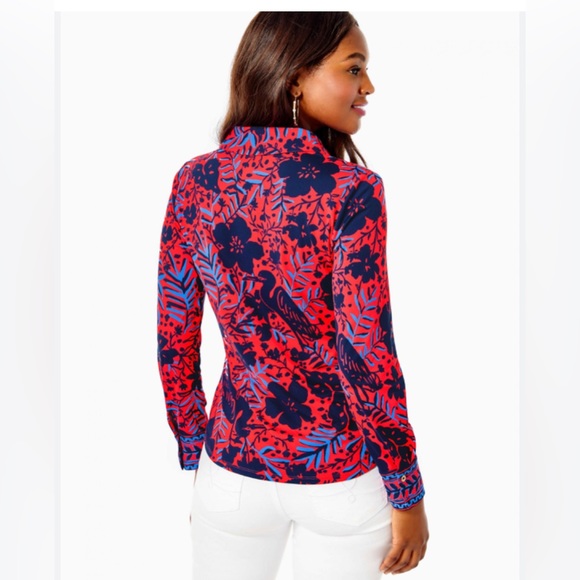 Lilly Pulitzer Chillylilly Marlena Button Down Top Ruby Red Heron My Own Sz: Med - Picture 2 of 11